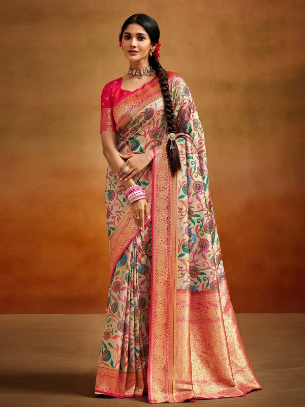 Cream And Pink Soft Handloom Banarasi Silk Saree